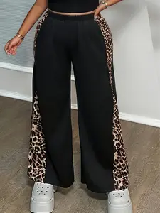 Fashionable Loose Leopard Print Wide Leg Pants, Stylish Plus Size Women's Trousers, Trendy Casual High Waist Jeans