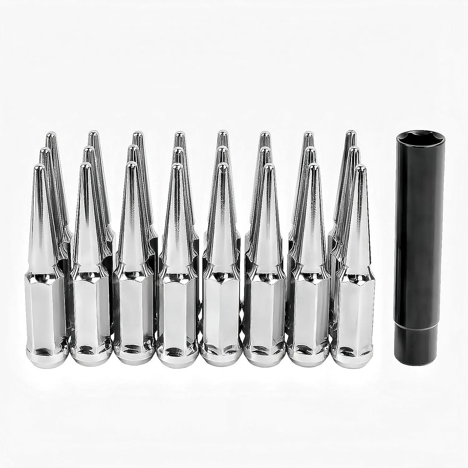 M14x1.5 Black Lug Nuts, 20pc Spiked Closed-End Kit with Conical Bulge Seat & Key, Aftermarket Fit for Ram, Silverado, F-150, Sierra, Yukon