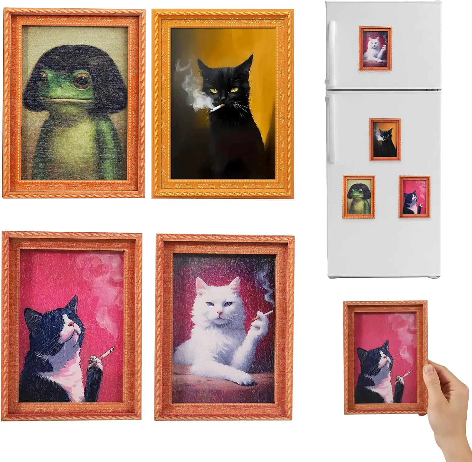 4Pcs Funny Wooden Fridge Magnets Frame Retro Cute Cat& Frog Pattern Magnetic Refrigerator Locker Magnet Photo Frames Holder for Home Kitchen Office Whiteboard Decorations
