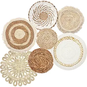 Set of 7 Boho Wall Hanging Rattan Baskets, Flat Round Woven Water Hyacinth Corn Husk Farmhouse Handmade Macrame Decor for Living Room Bedroom Dining Room Light Color
