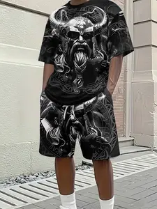 Men's 3D Digital Print Two-Piece Set, Viking Soul Totem Print Short-Sleeve Set, Trendy Casual Two-Piece Matching, Beach Vacation Style Fashion Outfit, Lightweight and Breathable Sporty-Casual Style, Perfect Gift for Men on Festivals