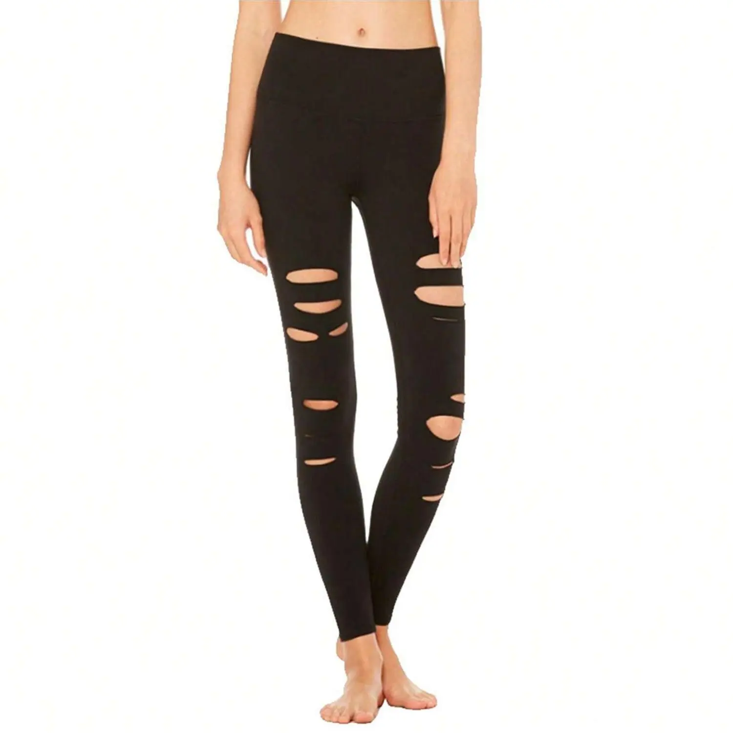 Women's High Waist Ribbed Yoga Pants, Skinny Athletic Leggings with a Bold Ripped Cutout and Tummy Control for Gym Workouts, Everyday Active