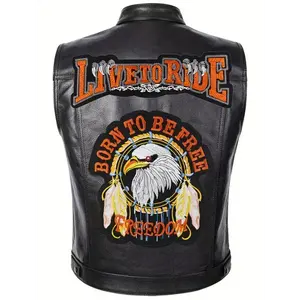 Motorcycle Eagle & Dreamcatcher Embroidery Pattern PU Leather Men's Casual Tank Top