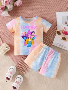 2-piece Tie-dye Huntrix Star Cartoon Short Set 2026 Spring Viral Trending Kindergarten Daily Wear Toddler Girls Kids Clothing Cotton Breathable Trendy