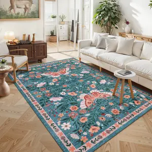 Garvee Butterfly Pattern Area Rug with Floral Edge, Soft Touch Non-Slip Backing Ultra-Thin Foldable Home Decor Rug, Easy-Clean Washable Indoor Rug for Bedroom, Dining, Farmhouse Living Room carpet