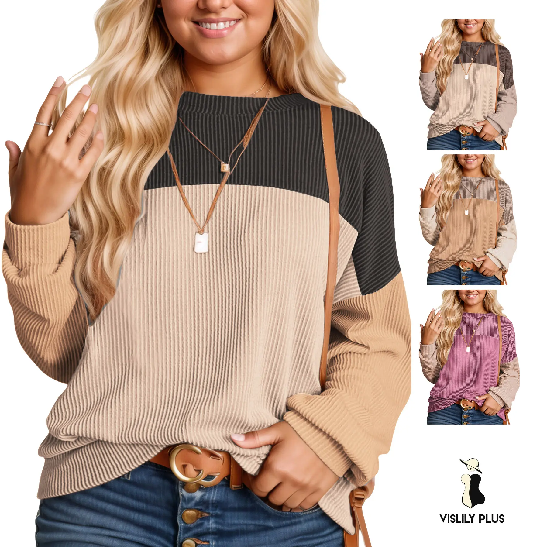 Plus Size Tops for Women Long Sleeve Color Block Shirts Casual Crewneck sweaters for women Oversized Ribbed Knit Pullover Tunics XL-5XL DPS1129 Cute Loose Knitwear