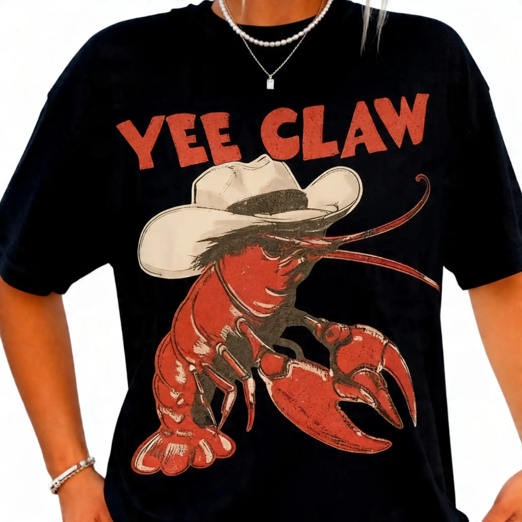 Women's Crew Neck Oversized Vintage Graphic T-Shirt - Western Sporty Chic Cowboy Crawfish Lobster Print, Soft Loose-Fit Pull On Fashion Streetwear, Coastal Summer Beach Top (Sports & Outdoor Clothing)