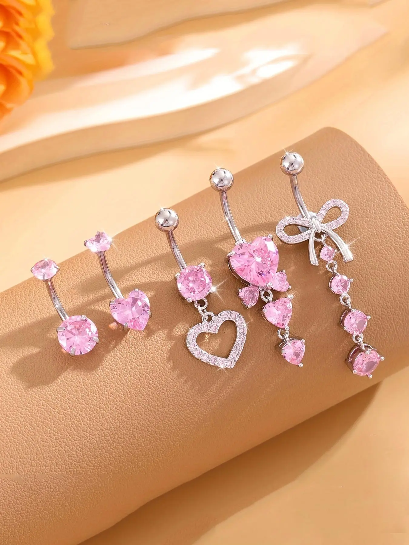 5pcs Y2K Cute Belly Button Rings, Heart Bow Design, Silver Color Stainless Steel, Casual Style for All Seasons, Belly Button Piercing