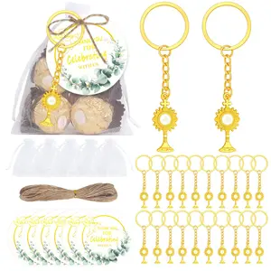 Creative Cross and Chalice Keychain Set: Communion and Baptism Gifts, Party Favors, and Bag Charms (20 keychains + 20 tags + 20 organza bags + 1 roll of jute twine)
