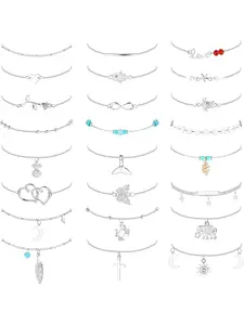 24PCS Shiny Silver Anklet Rhinestone Waterproof Boho Anklet Summer Adjustable Anklet for Women Vintage Anklet 21cm