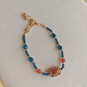 Vintage Style Blue Chalcedony Agate Crystal Beads with Amber Bracelet in Premium Luxury Style