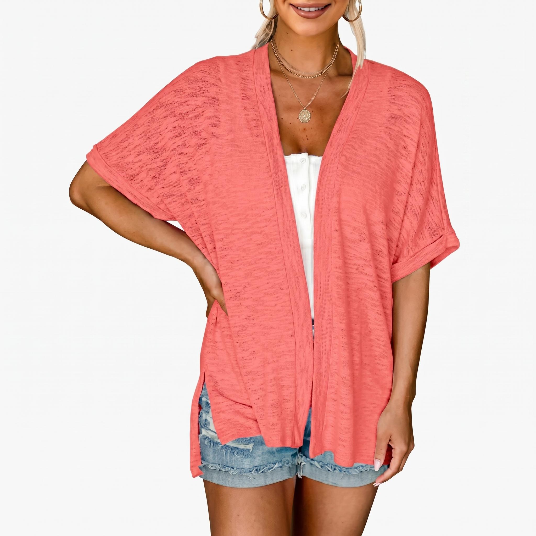 Women's Lightweight Short Sleeve Cardigan Open Front Oversized Summer Beach Cover Up Casual Loose Tops