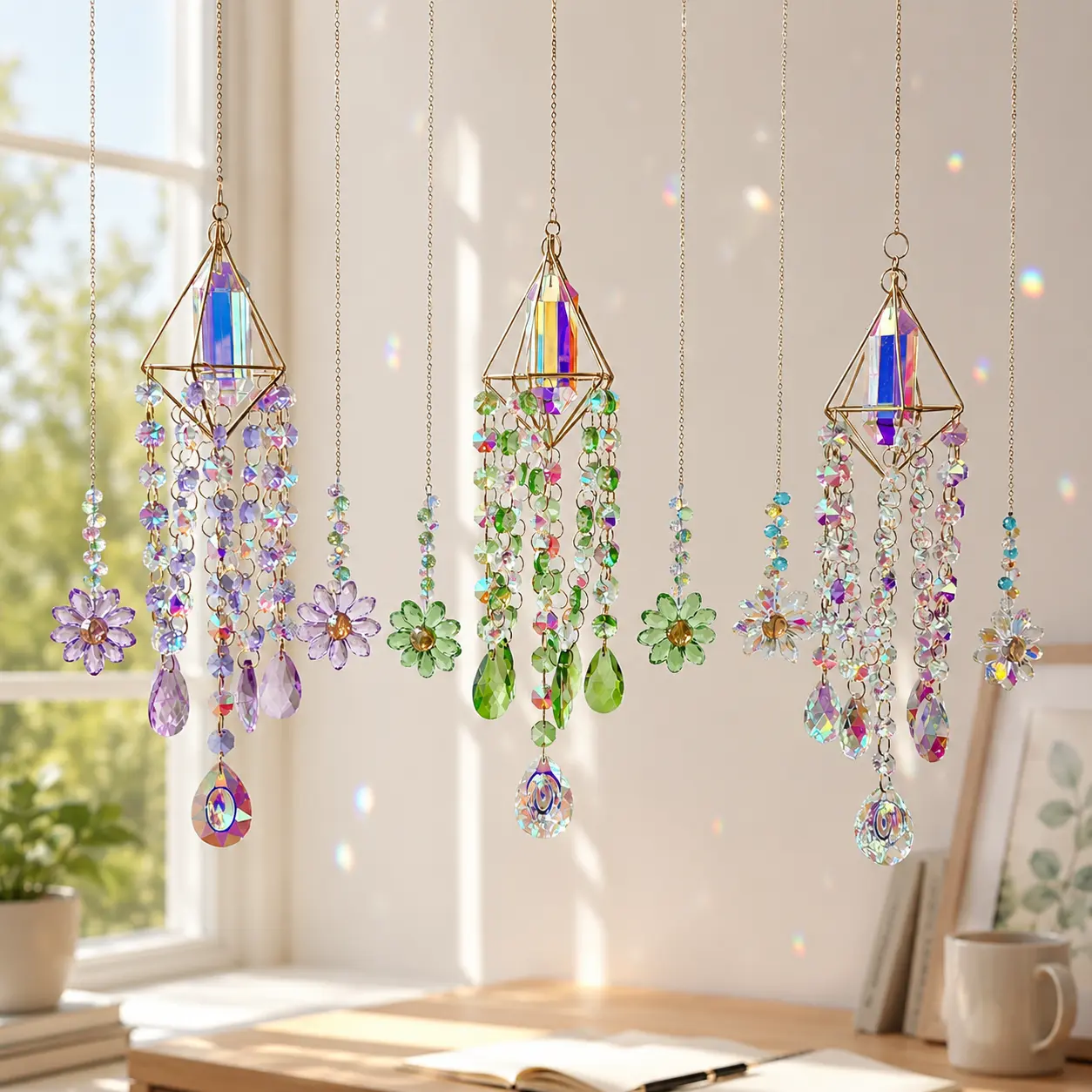 Whimsical Glass Bead Suncatcher for Windows, Colorful Rainbow Maker Hanging Window Decor, Geometric Boho Decor for Bedroom Living Room, Gift for Women