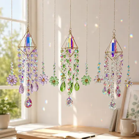 Flower Glass Bead Suncatcher Ornament for Windows, Handmade Beaded Sun Catcher, Rainbow Window Hanger Hanging Decor, Boho Wall Hanging Chandelier, Unique Quirky Home Decor, Bedroom Living Room Decor, Girly Room Accessories Gift