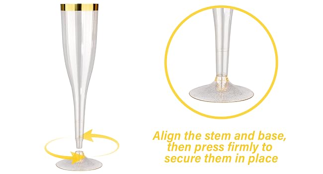 25 Pack 4.5 oz 6.5 oz Plastic Gold Glitter Champagne Flutes with Gold Rim, Disposable Champagne Toasting Glasses for Wedding, Engagement, Party, Mimosa Bar