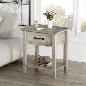 Grey Nightstand End Table Side Table Living Room with Drawer and Storage Shelf Wood Night Stand Bedside Table for Bedroom Nursery College Dorm