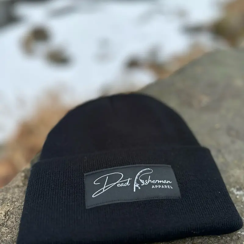 Dead Fisherman Winter Hats - Black Knit Design with Logo, Ideal for Cold Weather Wear. Come check it out at Deadfishermanapparel.com