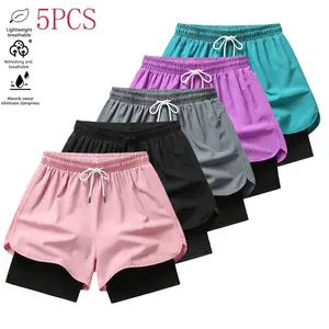 SUMMERWINS pack of 5 women’s casual athletic shorts, solid color, faux two-piece design with built-in liner, elastic drawstring waistband, suitable for outdoor fitness, running, sports, and casual wear; women’s shorts, women’s clothing, clothes for women