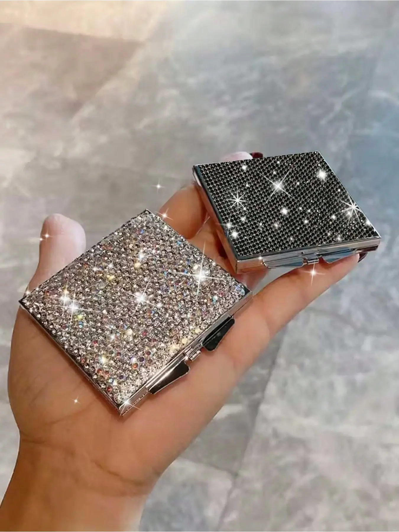 Luxury Shiny Diamond Portable Double-Sided Folding Lipstick Mirror - Perfect for Touch-Ups Anytime, Anywhere, Shiny Rhinestone Portable Folding Makeup Mirror - Home, Travel, Outdoor Rhinestone Decorative Makeup Mirror
