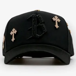 Barbas Hats “B Chrome” Premium Streetwear Snapback – Black Adjustable Unisex Hat for Men & Women Featuring Rhinestone Letter Embroidery and Metallic Cross Accents Inspired by Modern Street Fashion