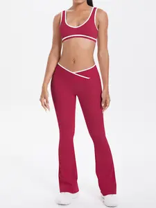 Women's Yoga Set, Contrasting Sports Bra & Slim Fit Wide Leg Bell Bottom Pants Set, Soft Absorbing Sports Fitness Suit Two-piece Set, Solid Sports Sets