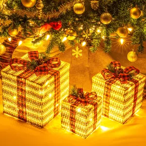 SUNNYGLADE 10"-8"-6" Set of 3 Christmas Lighted Gift Boxes Decoration Boxes with Plug, Bows, Artificial Pine Leaves and Pine Cones for Christmas, Weddings Yard Home Holiday Art Decoration