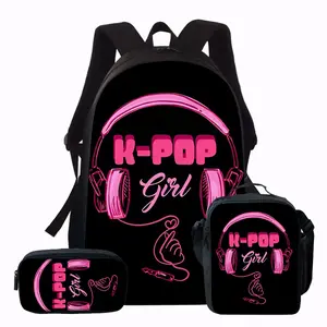 3pcs Women's Bag Set, 2D Flat Design for Kpop Fans, Pink and Black Style, Includes Large Capacity Casual Travel Backpack, Zippered Handbag, and Adjustable Strap, Fashion Print Bookbag 3pcs Set, Perfect for Daily Use or Travel, Ideal Gift for Family
