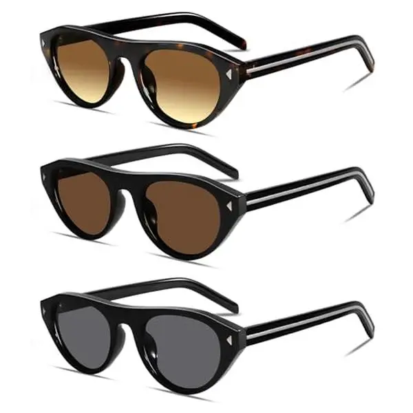 Unisex Vintage Slim Narrow Oval Cat Eye Full Rim Sunglasses, Polycarbonate Lenses with Triangular Accents, UV400 UV-Protection Outdoor Trendy Retro Shades