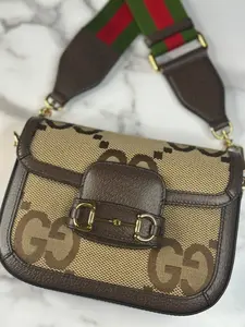 Pre-owned GUCCI canvas Crossbody Bags Horsebit 1955 Mini Shoulder Bag in beige and brown Jumbo GG crossbody