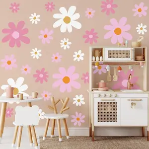12 Sheet Daisy Wall Sticker Decal Removable Cute Daisy Bedroom Room Decor Flower Wall Sticker Pink White Flower Decal Wallpaper Peel and Stick for Nursery Home(Pink Color,Vibrant Style)