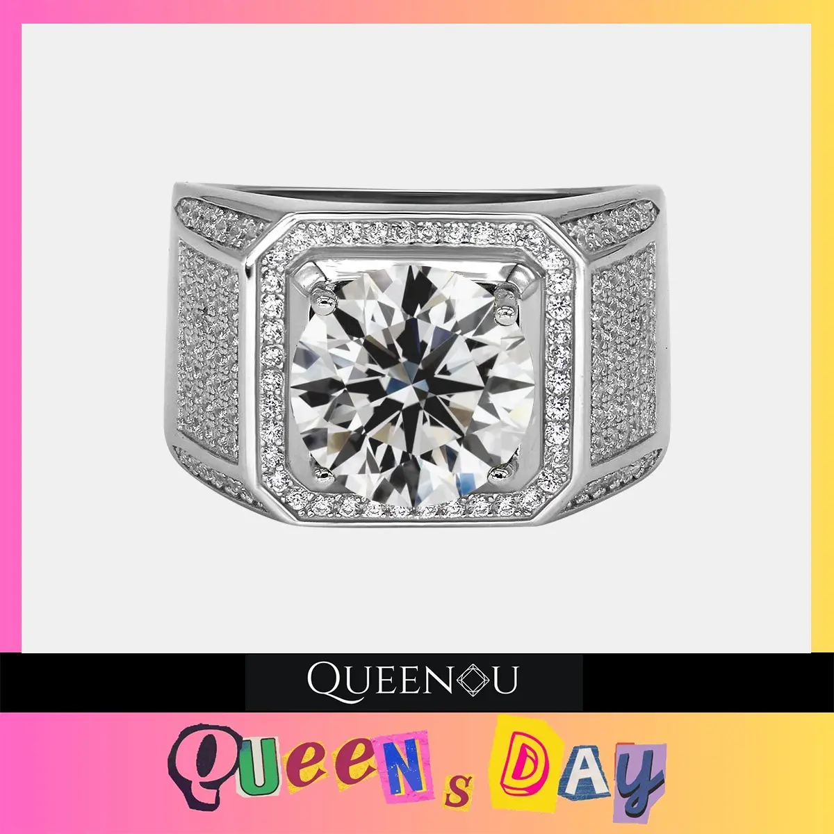 【403】December QUEENSDAY "Deck The Hall" 5 Carat Synthetic Moissanite Men's Inlaid Paved Ring