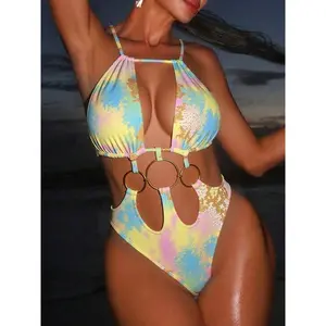 Snake Skin Halter Hollow Out Metal Rings Female Swimwear One Piece Swimsuit Women Monokini High Leg Cut Bather Bathing Suit Swim