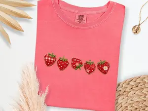 Comfort Colors Faux Patchwork Strawberry PRINT T-shirt, Faux Summer Embroidered T-shirt, Spring Gift Tee, Cottagecore Fruit Tshirt, Varsity Mom Tee