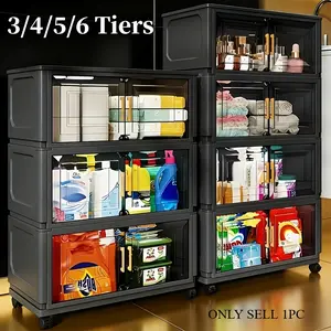 47cm (18.5"-6Pack) portable stackable storage box with lid, 3/4/5/6-tier foldable shower supplies storage cabinet with magnetic door, household multi-functional plastic storage box with wheels, space-saving cube storage system