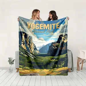 1 piece Natural Scenery of Yosemite National Park themed flannel blanket - Oversized fluffy warm sofa blanket, suitable for beds and sofas, modern geometric pattern design, all-season use, digital printing, 100% polyester material, machine