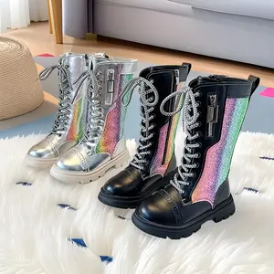 Girls' Boots Autumn And Winter New Youngsters's High Boots Single Boots Little Girl Plus Fleece Boots Colorful Long Boots