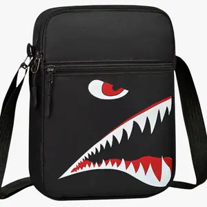 Black Shark Print Small Crossbody Bag - Dual Zipper Pockets, Adjustable Strap, 9in x 6.6in x 2.3in