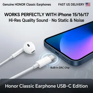 HONOR Type C Wired Earphones with Microphone, [No Static Hi-Res Sound] Built-in DAC Chip USB C Earbuds, Compatible with iPhone 16 15 17 Pro Max, Samsung Galaxy, iPad