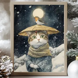 Japanese Winter Cat Poster – Snowy Night Wall Art Print, Cozy Kawaii Kitty Christmas Decor, Cute Japanese Cat Lover Gift, Unframed