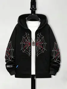 Boys' Spider Web Printed Pattern Hoodie Zipper Cardigan Sweater Hooded Sweatshirt Fleece Printed Casual Outdoor Pocket Sports Pants for Kids Ages 8-16 Years Old B2702