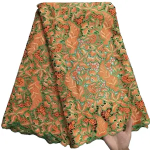 African High Exotic Guipure Lace Fabric per yard Orange & Green Floral Design
