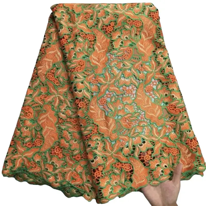 African High Exotic Guipure Lace Fabric per yard Orange & Green Floral Design