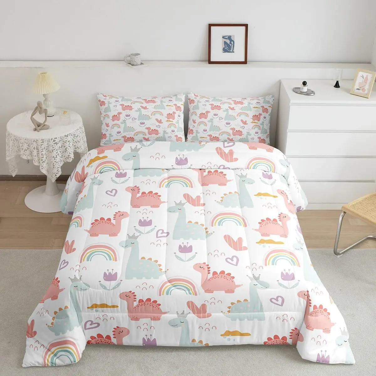 Feelyou Soft Warm Cartoon Dino Bedding Set - Animals Character Art Bright Colored Multi-Size Duvet Set, Pink-Green Jungle Dino Design, Rainbow Microfiber Quilt, Kids Rooms Bedroom Decor, Twin/Full/Queen Sizes, Breathable Cozy Blanket, Geometric