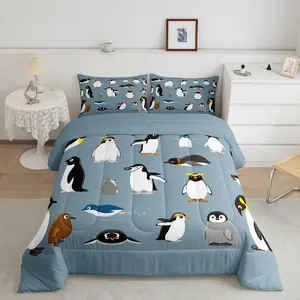 Penguins Bedding Set,Antarctica Animals Wildlife Comforter Set,Man Cartoon Little Penguins Cute Wild Safari Theme Bedroom Decor Quilted Duvet