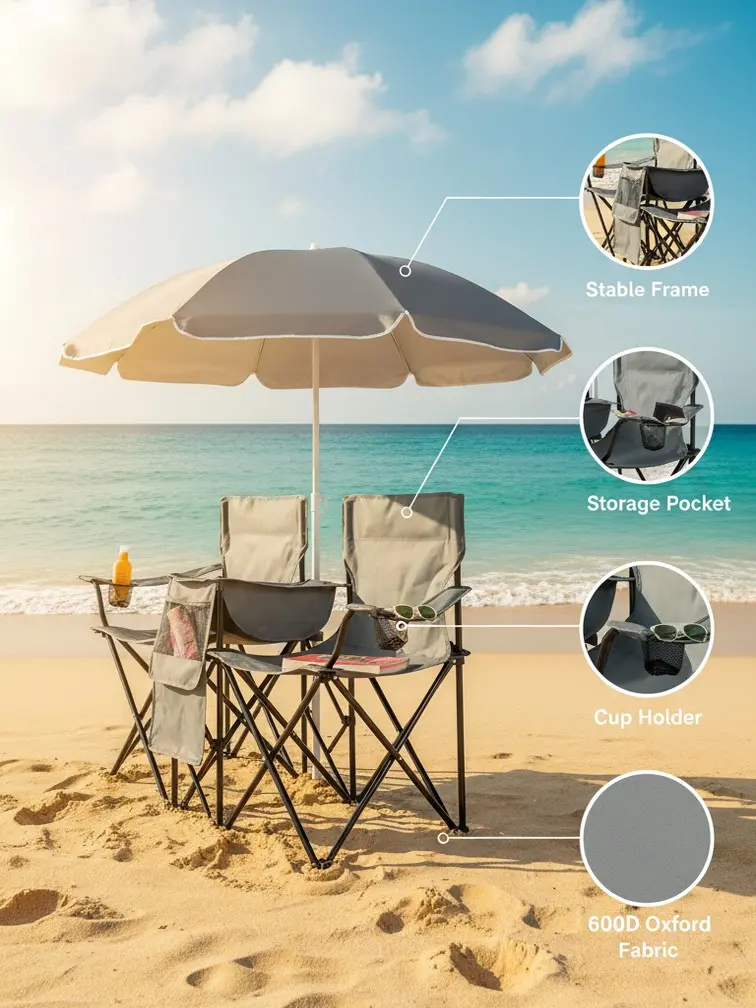 Double Folding Camping Chair Set with UV Protection Umbrella, Portable 2 Person Beach Chair with Cup Holders & Storage Bag, Outdoor Picnic Patio Foldable Chairs,59x19.6x31in, Grey, Fishing Chair, Iron Stand, Oxford Cloth 85kg With Parasol