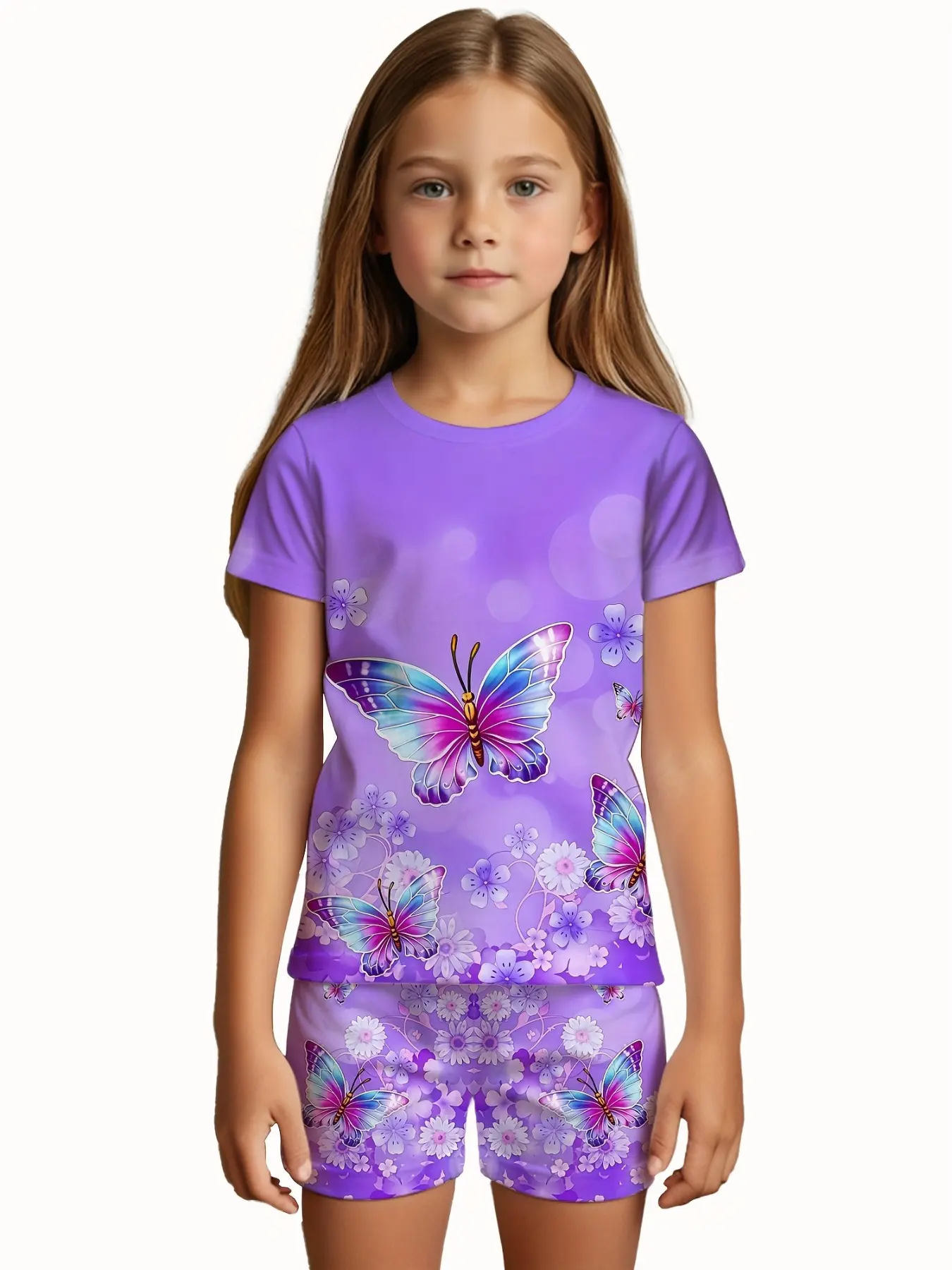 Butterfly Print Short Sleeve Set, Summer Girls' Casual Home Wear, Breathable Comfort Two-Piece, Kids Fashion Clothing, Printed Sleepwear Set, Print Pajama Set, Summer Pjs