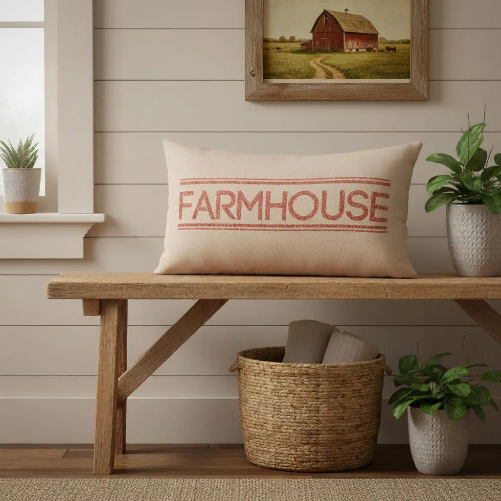 Farmstead Red Farmhouse Pillow, Cotton Shell Grain Sack Design, Americana Inspired Standard Pillows for Farmhouse Decor, Rustic Home Decor, Accent Details Standard Pillows