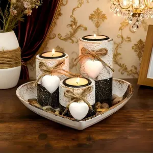 Wooden Candlestick Set, Heart Tray & Tea Wax Holder, Rustic Style with Braided Rope Knots, Perfect for Easter Mother's Day, Candle Holders