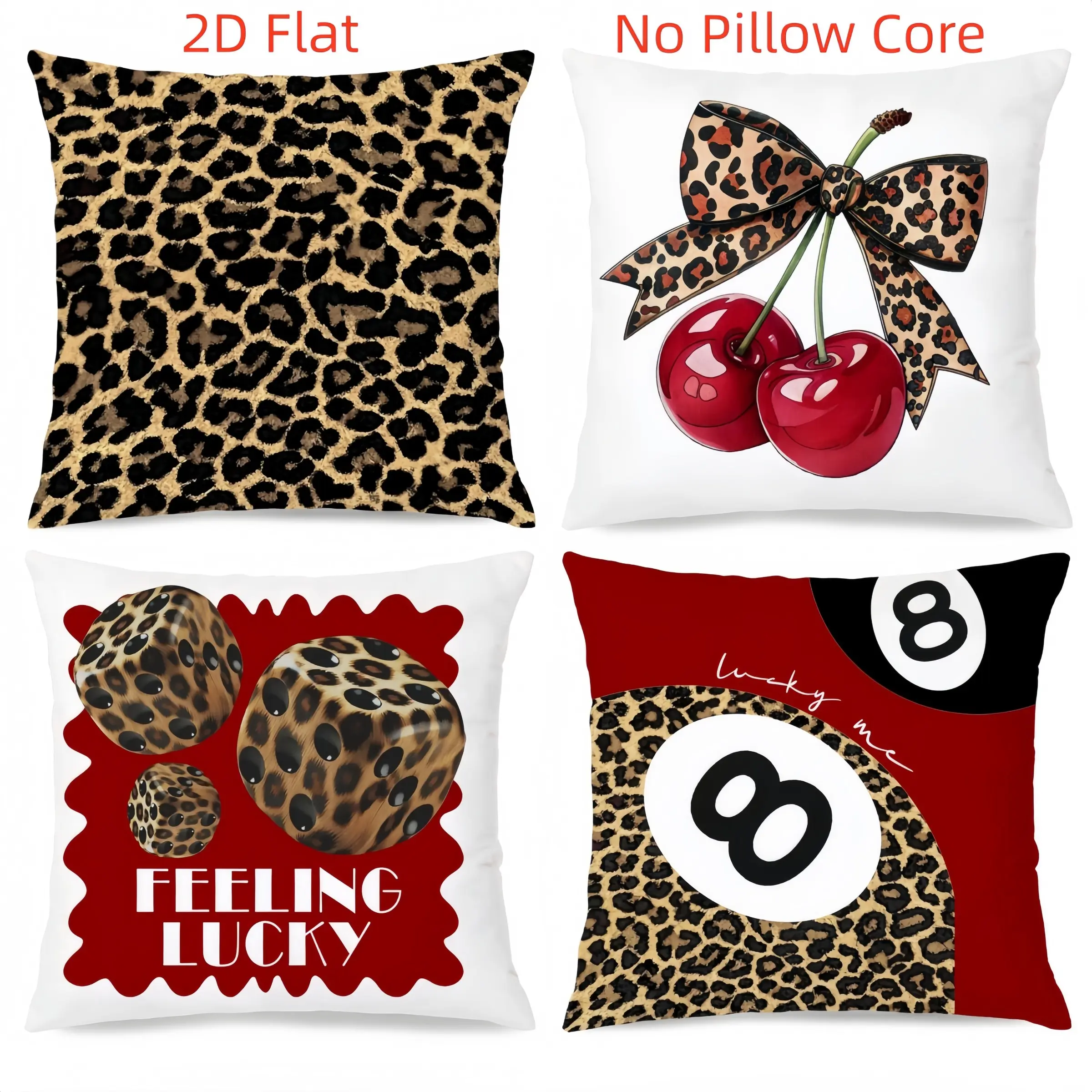4pcs-Fashion Themed Throw Pillow Covers, Leopard Print, Red Cherries, 8-ball Pattern Design, Vintage Design, Vintage Appeal, Suitable Living Room, Bedroom, Sofa and Bed Decoration, 2D Flat, Single Sided Printing, No Pillow Core