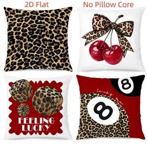 4pcs-Fashion Themed Throw Pillow Covers, Leopard Print, Red Cherries, 8-ball Pattern Design, Vintage Design, Vintage Appeal, Suitable Living Room, Bedroom, Sofa and Bed Decoration, 2D Flat, Single Sided Printing, No Pillow Core